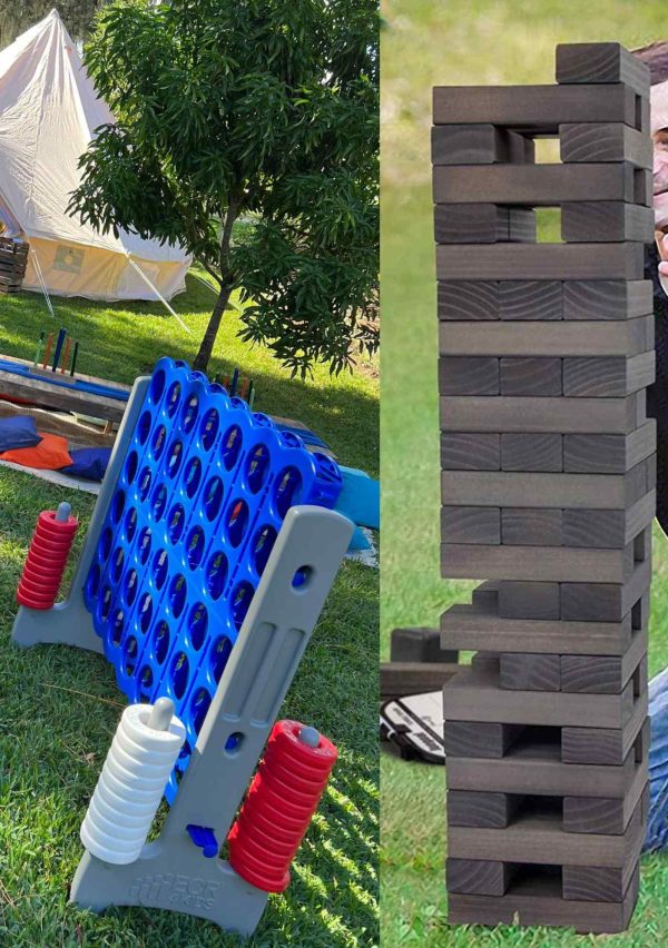 Two pictures of a man playing with a stack of blocks at a Texas party rental.