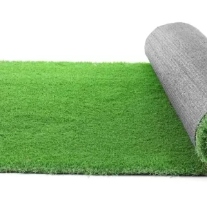A roll of artificial grass for party rental on a white background.