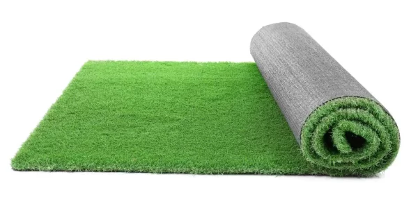 A roll of artificial grass for party rental on a white background.