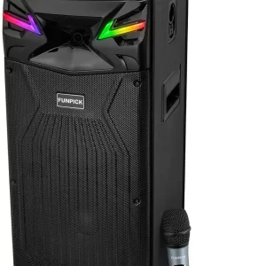 A black portable karaoke system with a microphone, perfect for party rental in Texas.