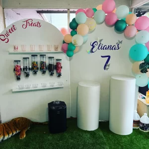 A display with balloons and a tiger for a Texas party rental.