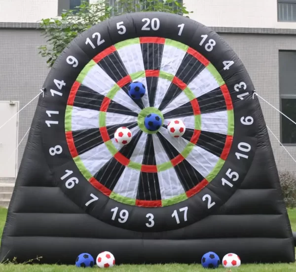 Inflatable dart board with soccer balls and darts, available for Enchanting Bubble Balloon House Rental.