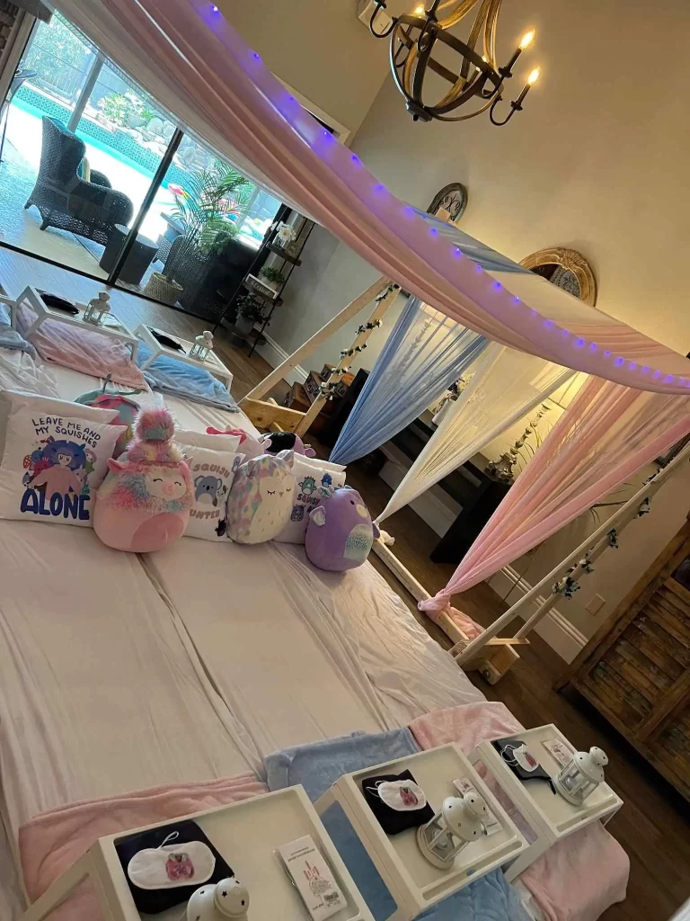A pink and blue baby shower with a canopy bed, featuring Texas party rental services.