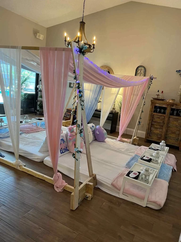 A pink and blue canopy bed, available from a Texas party rental, set up in a living room.