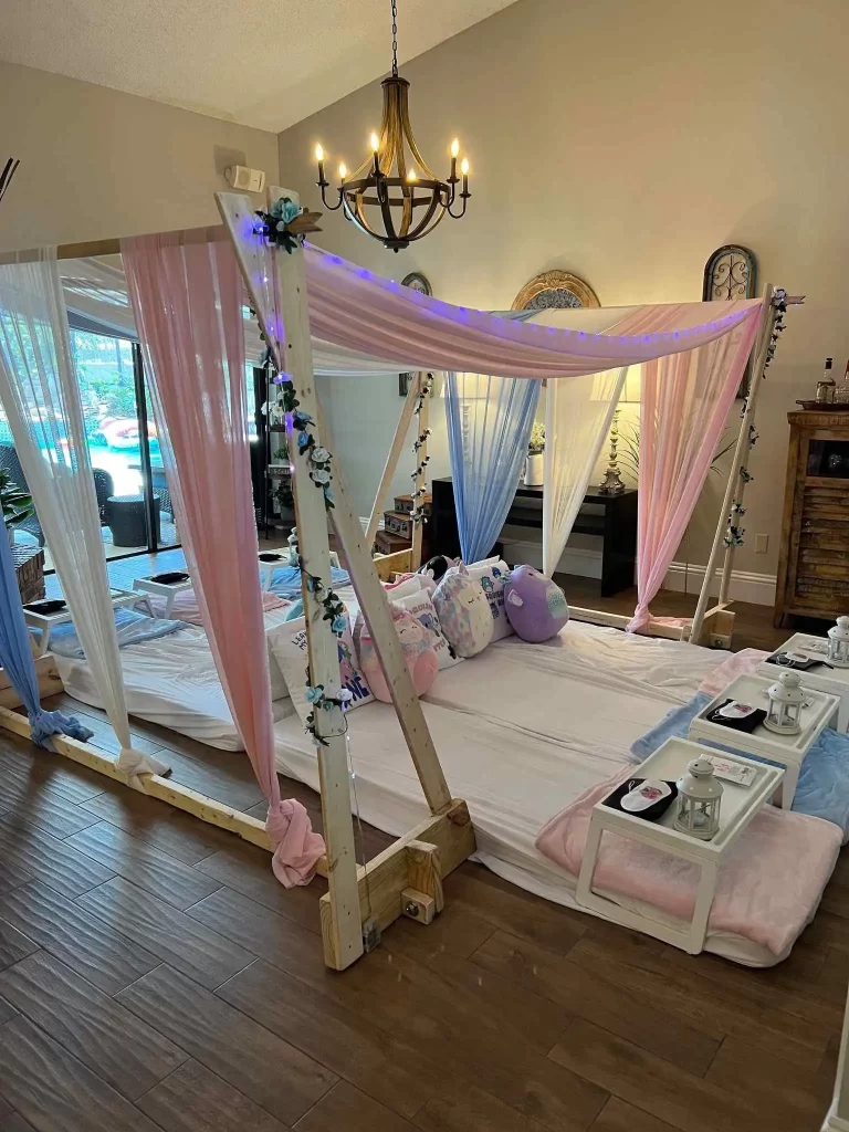 A pink and blue canopy bed, perfect for Texas party rentals, in a living room.