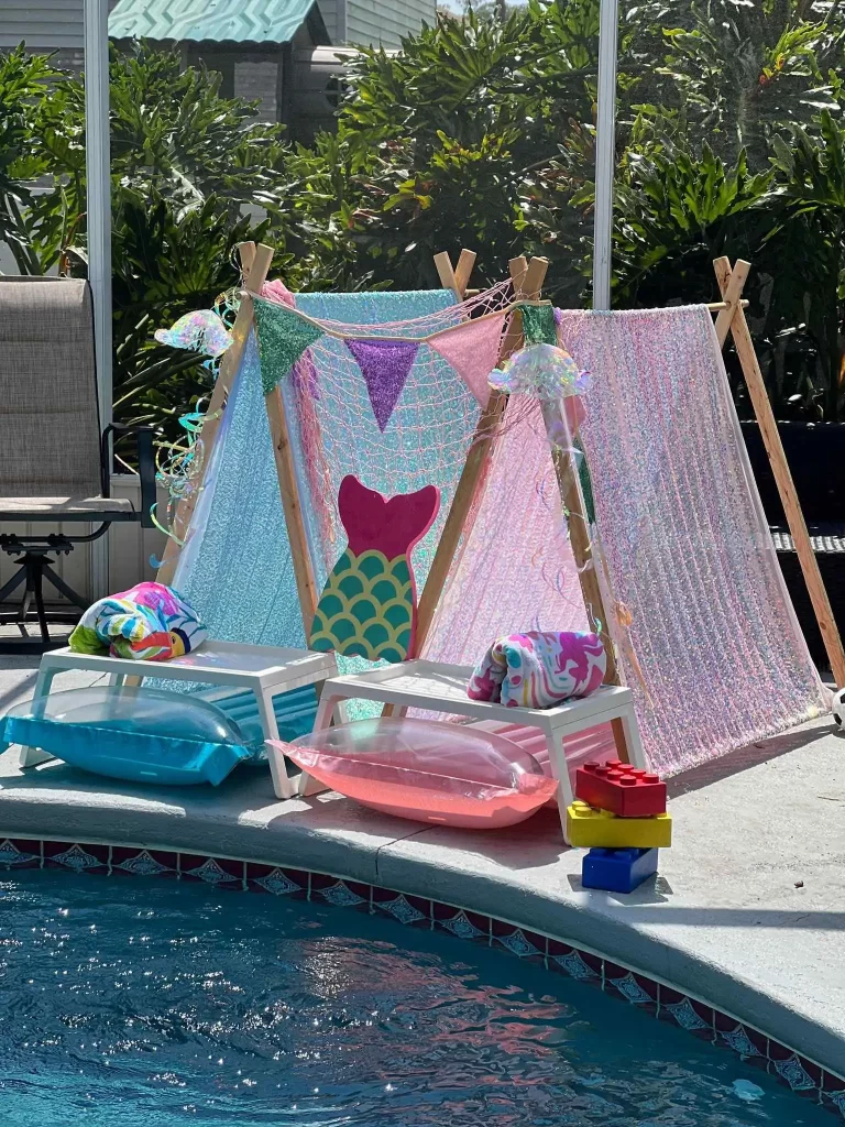 A pool with a mermaid tent set up for a Texas party rental.