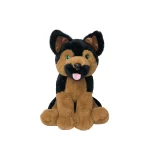 A black and brown stuffed dog from Texas sitting on a white background.