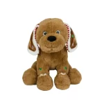 A brown stuffed dog from a Texas party rental is sitting on a white background.
