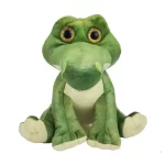A green crocodile stuffed animal sitting on a white background, perfect for Texas-themed party rentals.