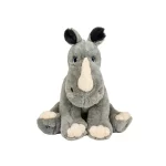 A grey stuffed rhino with blue eyes, perfect for a Texas-themed party rental, sitting on a white background.