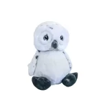 A white stuffed owl sitting on a white background, available for party rental in Texas.