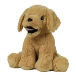 A stuffed dog is sitting on a white background, available for party rental in Texas.