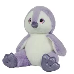 A purple stuffed penguin sitting on a white background, available for party rental in Texas.