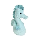 A blue seahorse stuffed animal on a white background, available for party rental in Texas.