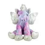 A pink and purple unicorn stuffed animal is sitting on a white background, available for party rental in Texas.