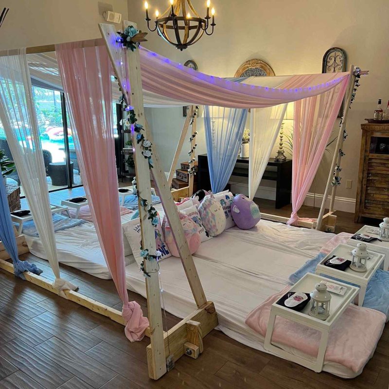 A pink and blue canopy bed in a Texas living room.